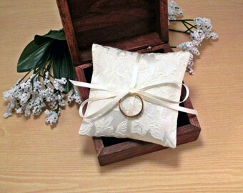 Small Ring Pillow, Mini Wedding Ring Bearer Box Pillow, Floral Ivory Ring Pillow, Flowers, Jacquard, Brocade, Miniature, Cream, Off White