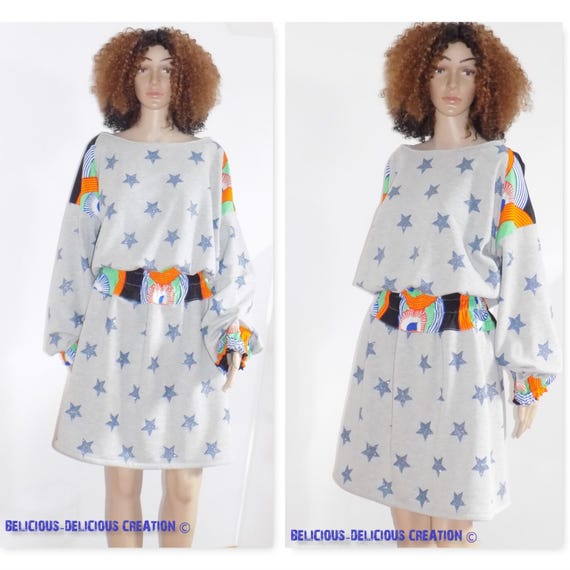 Original Sweatshirt Dress! WAXSTAR! Gray blue cotton printed stars and size African fabric. 40 belicious-delicious-creation