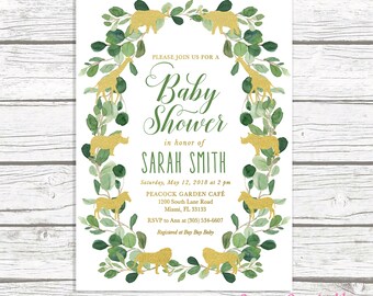 Safari Baby Shower Invitation, Gold Safari Baby Shower Invitation, Gender Neutral Baby Shower Invitation, Jungle Animal Baby Shower Invite