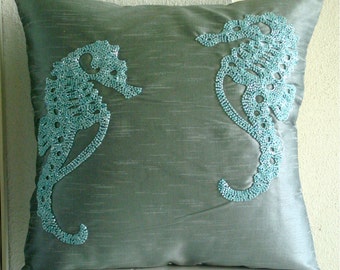 Sea Horse - Pillow Sham Covers - 24x24 Inches Silk Pillow Sham Cover with Bead Embroidery