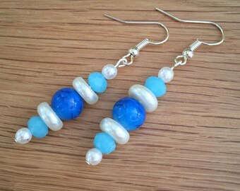 Hand Crafted Blue and Pearl Beaded Earrings.