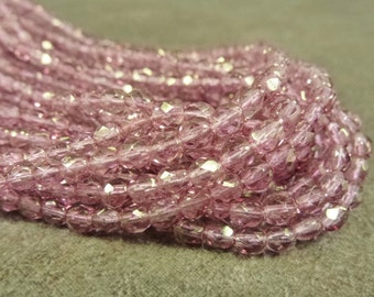 Dark Pink Luster Czech Glass Firepolish Beads 4mm Faceted Round 50pc