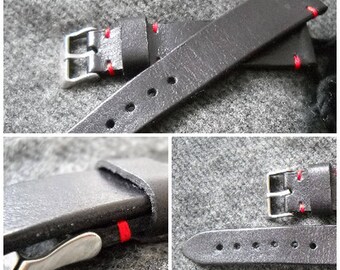 22mm handmade watch strap genuine leather-BLACK LEATHER red stitches 22/20