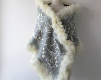 Felted scarf real fur grey wrap fur scarf Fur stole Grey wool shawl real Fur shawl outerwear by Galafilc