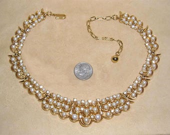 Vintage Trifari Choker Necklace With Rhinestones And Faux Pearls 1960's Signed Jewelry 11189