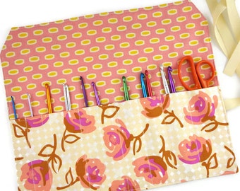 Floral dpn needle organizer, roll up crochet hook case, make up brush holder, cosmetic travel pouch, bridesmaid gift, knitting girl woman