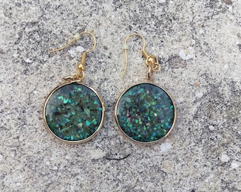 Round Gold & Bluish Green Shell Resin Earrings