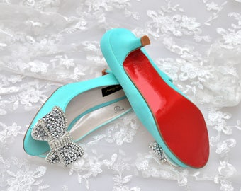 Swarovski crystal Silver Bow Tiffany light aqua Blue satin bridal Wedding peeptoe mid heel red sole Court shoe pump