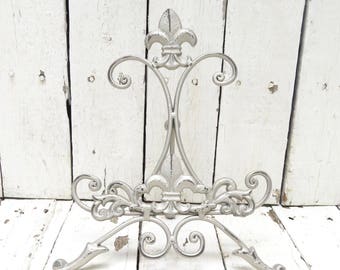 Pewter Easel, Silver Metal Easel, Book Stand, Art Prop, Shabby and Chic, Fleur De Lis, Parisian Chic, Cottage Chic, French Country Decor