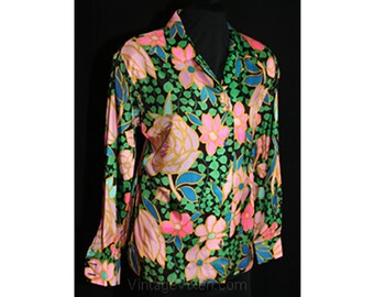 Size 10 Floral Satin Shirt - 1960s Tailored Top - Long Sleeved 60s Blouse - Black Pink Blue Green - Glossy Shiny Print - Bust 40 - 29106