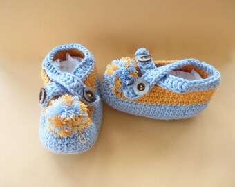 Pantofole sandali luce blu e arancione con pompon bicolore uncinetto bambino