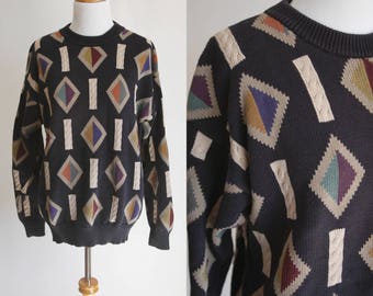 90s Diamond Pattern Oversized Slouchy Sweater - Thick Cotton Sweater - Boyfriend Sweater - Baggy Sweater - Size Medium/Large
