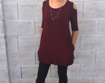 Tunic - Cold Shoulder Tunic - Cute Tunic - Tunic with Pockets - T-shirt Dress - Women's Tunic Top - Fall Tunic