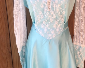 1970s Baby Blue and White Lace Dress With Sheer Lace Sleeves