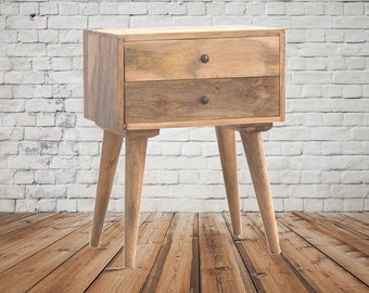 2 Drawer Solid Wood Bedside Table Scandinavian Style Night Stand / Fine Oak Finished Home Living Room & Bedroom Furniture (UK Handmade)