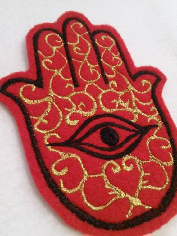 Hamsa, Chamsa, khamsa embroidered iron on patch gold and black