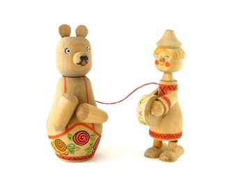 Vintage Wooden Bear & Clown Boy - very sweet and collectable old wooden dolls