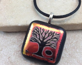 ON SALE Tree of Life Necklace, Tree Pendant, Orange Red Dichroic Pendant, Fused Glass Jewelry, Dichro Glass Jewelry, Dichroic Pendant - HEA4