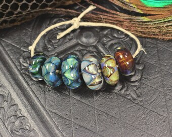Blown glass, borosilicate, glass, focal, artisan, beads, handmade, lampworked, jewelry supplies, set of 6, bead set, ready to ship.