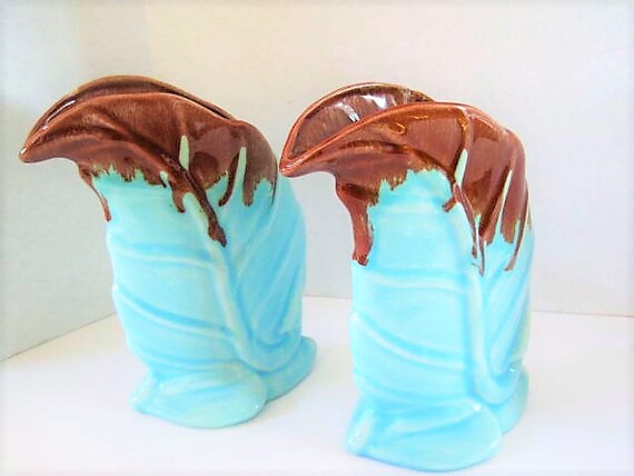 Haeger Leaf Vases, Drip Glaze Aqua Pottery, Mid Century Pair Vases, Highly Collectible
