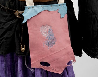Light blue and pink leather battleskirt mini banner with flying angel embroidery larp fantasy armor costume wings festival fair clothing