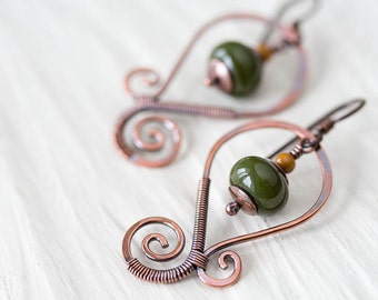 Moss green earrings, oxidized hand forged copper earrings, olive green lampwork bead earrings