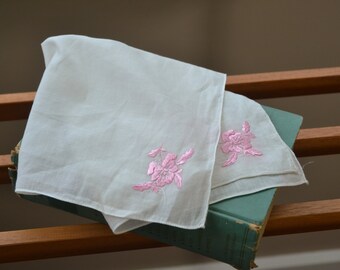 Vintage Womens Handkerchief Embroidered Pink Floral Hanky
