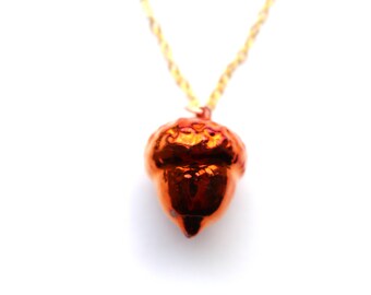 Real acorn Iridescent Copper pendant necklace with gold chain