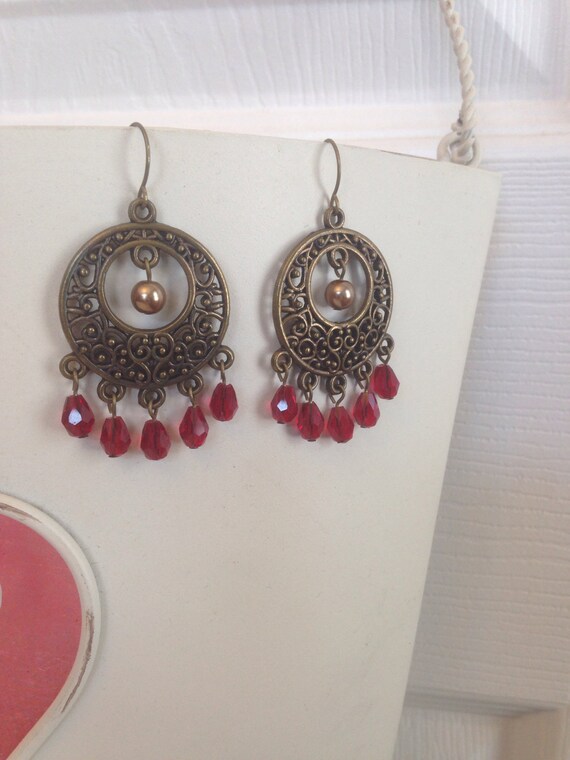 Antique Bronze Statement Jewelry Chandelier Earrings Red