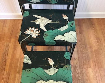 ASIAN NESTING TABLES, Teal, Turquoise, Birds, Flowers, 1980's, 3 Tables, Asian Decor, Regency, Tiny Home at Ageless Alchemy