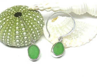 Sea Glass Hoop Earrings | Sea Glass Earrings | Beach Glass Earrings | Green Bezel Set Earrings | Sterling Silver Hoop Earrings | Seaglass