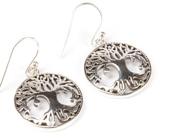 Sterling Silver Circle Tree of Life Earrings, handmade,Yoga Earrings with hooks, Gift boxed,Free UK post