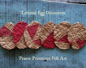 6 Primitive Egg Ornaments, Tattered Eggs, Rustic Farmhouse, Antique Quilt Eggs, Americana Easter Decor, Red & White - READY TO SHIP