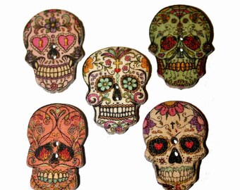 Lot 5 skulls Mexican wooden buttons