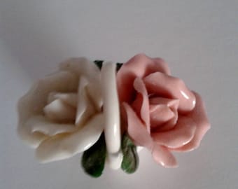 2 flower basket pink and white porcelain pretty subject of vintage decor