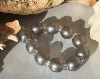Handmade Lampwork Glass Beads SRA Silver Shimmering Sea Pearl Rounds (10)