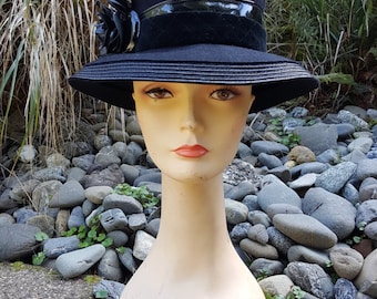 Oscar De La Renta Black Wool Wide Brim Hat With Patent Trim And Flower