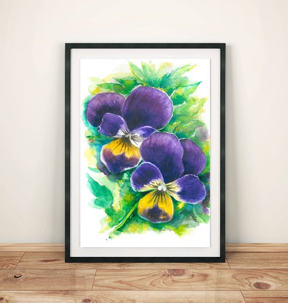 Purple Pansies Print Watercolor Floral Painting Vibrant colors