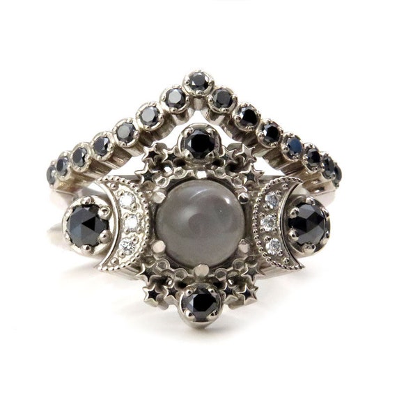 Selene Gray Moonstone Engagement Ring Set - Cosmos Diamond Boho 14k Gold Stacking Rings with Black and White Diamonds