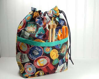 Drawstring bag, knitting bag, small pouch with pockets, gift for knitter, work in progress tote, sock knitting bag
