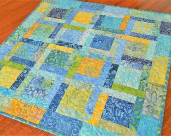 Quilted Square Table Topper in Bright Blue Yellow and Green Batiks, Summer Outdoor Table Decor, Quilted Table Runner, Square Table Top Quilt