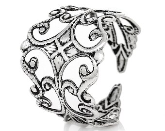 5pcs Antique Silver Adjustable Filigree Rings - Jewelry Finding, Ring Blank, Glue On Ring, Jewelry Making Supplies, DIY, Ships from USA- R16