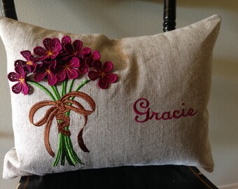 Absolutely adorable personalized girl's pillow with three dimensional bouquet