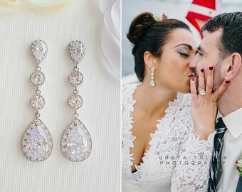 Bridal Earrings Crystal Long Wedding Earrings Teardrop Rose Gold Drop Earrings Gold Earrings Wedding Jewelry Bridal Jewelry, Evana