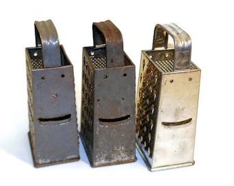 1 Small 7" Tall Box Grater, Aged Metal Patina Table Kitchen Decor, Industrial Fixture, Votive Candle Holder