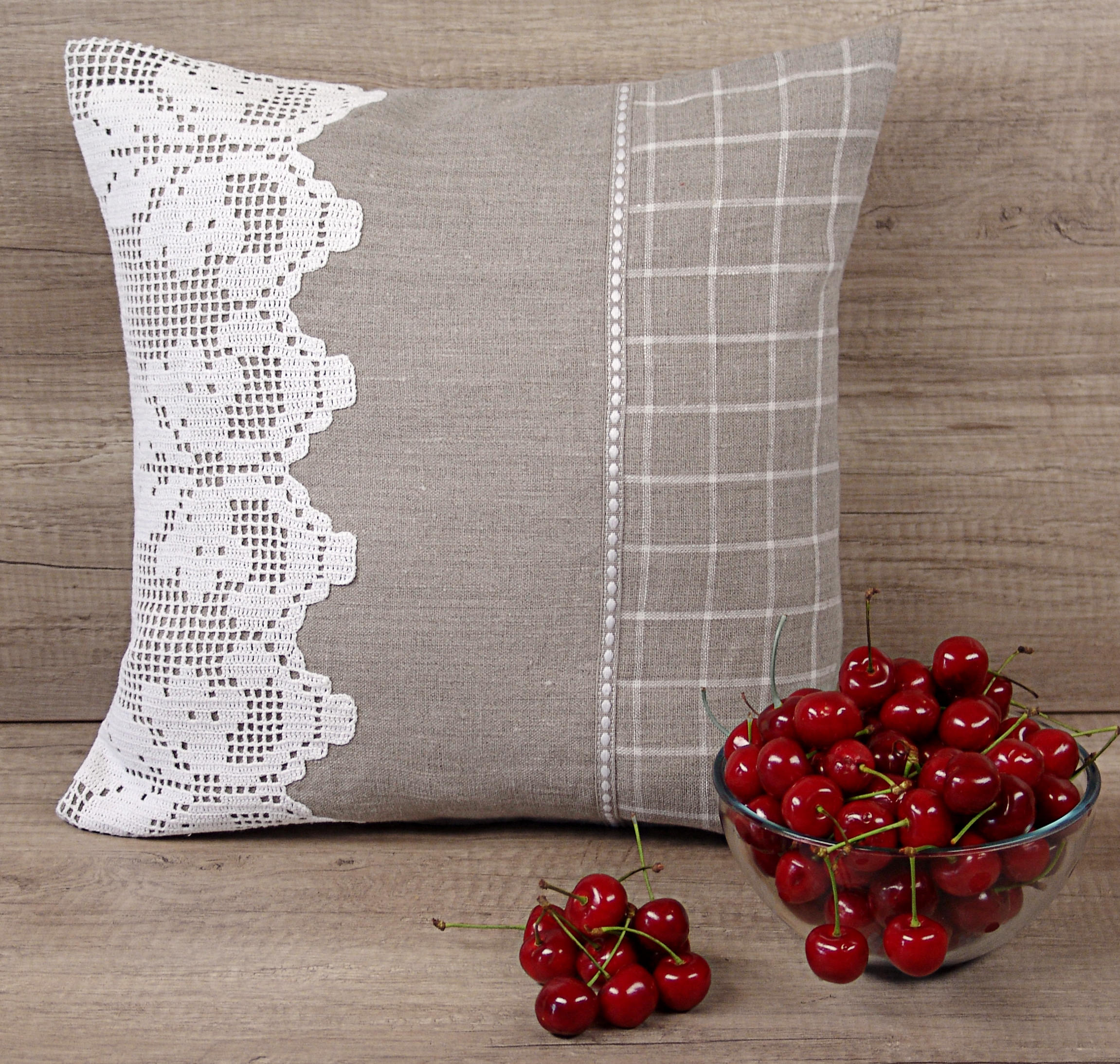 Gray white filet crochet throw pillow shabby chic euro sham