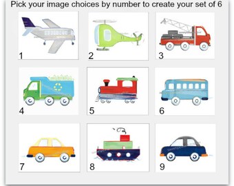 Transportation Art, Brody, Unframed, Airplane Art, Truck Art, Helicopter, Pick 6 Unframed Brody Art Prints, Boy Nursery Wall Bedding Decor