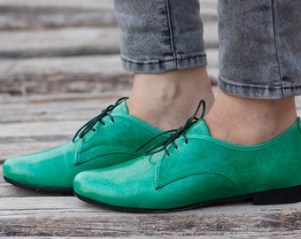 Green Leather Shoes, Green Oxford Shoes, Close Shoes, Flat Shoes, Green Shoes , Free Shipping