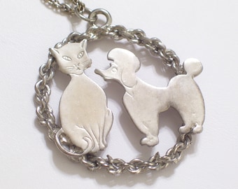 Vintage Silver Plated Dog and Cat Medallion Pendant Necklace, Feline Necklace, Canine Necklace, Animal Jewelry