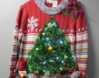 A Turtle Dove, a Pear & Presents in a Christmas Tree Tacky Ugly Christmas Sweater light up size Large, 12/14 Christmas Sweater Boys Girl